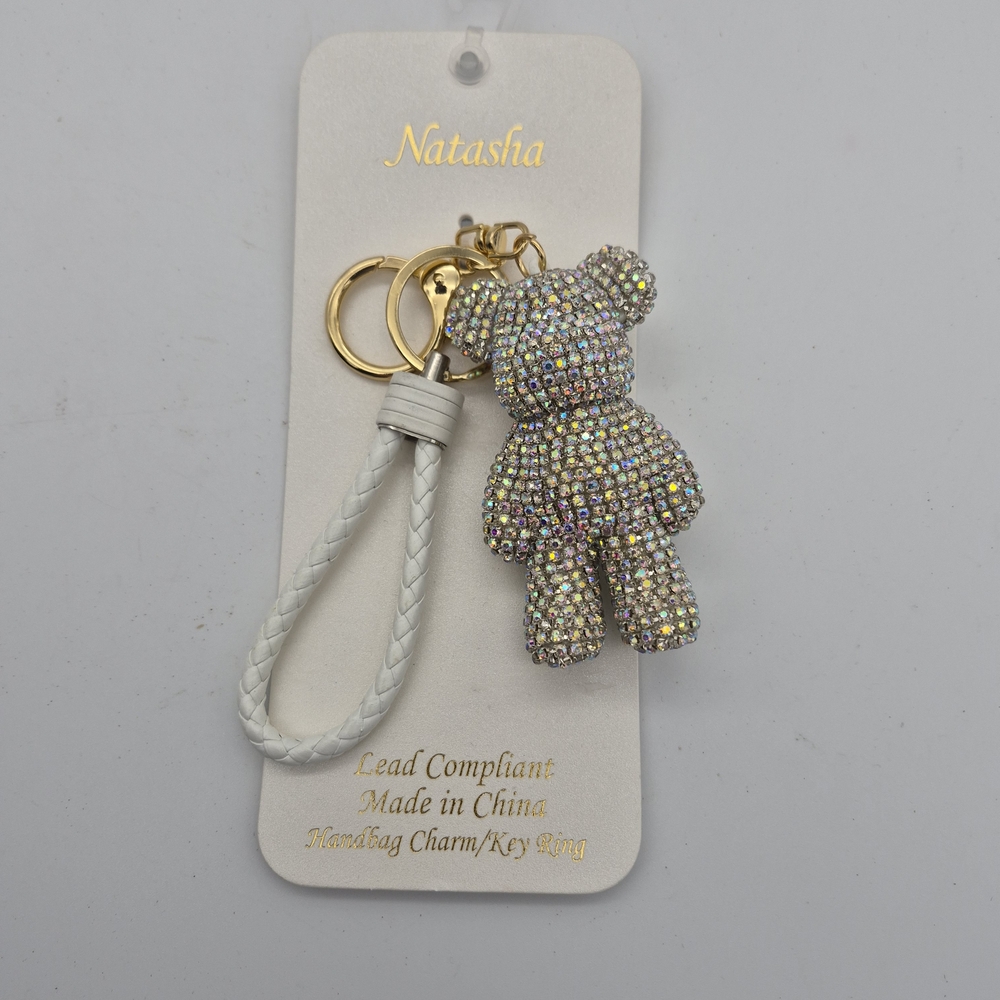 Natasha Teddy Keychain or Handbag Charm with White Braided Strap